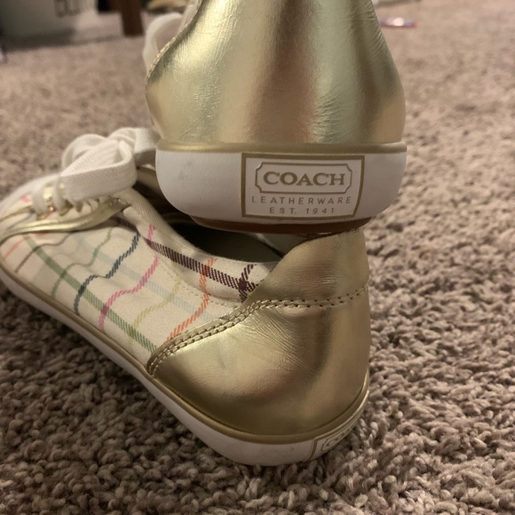 Coach. Barrett Tattersall sneakers. Cream background with multi colored plaid. - Picture 7 of 8